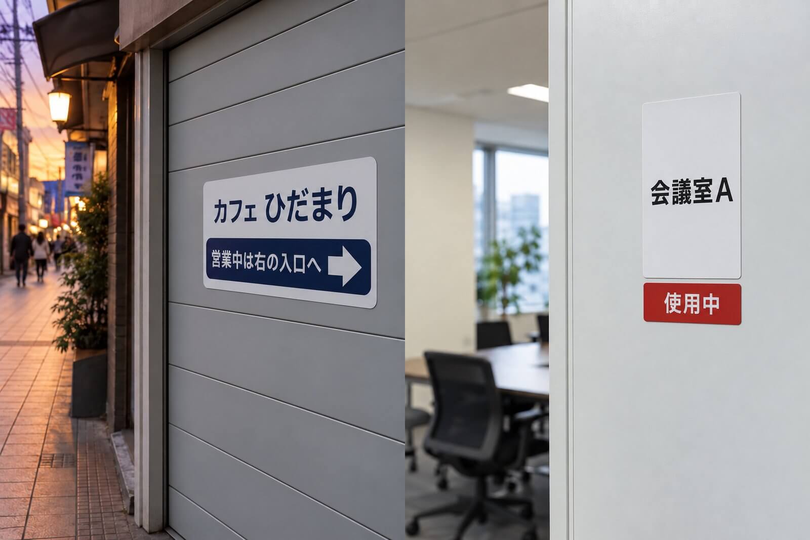 店舗のスチール製シャッターに貼った営業案内のマグネット看板と、オフィス内のスチールパーテーションに貼った会議室案内のマグネットサイン