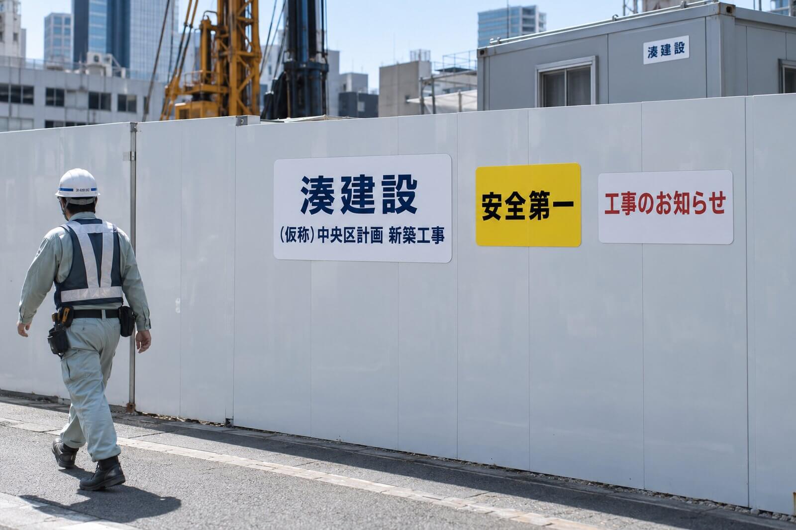建設現場の白い仮囲いパネルに貼った社名・現場名のマグネット看板と、安全標語・工事内容を表示したマグネット看板