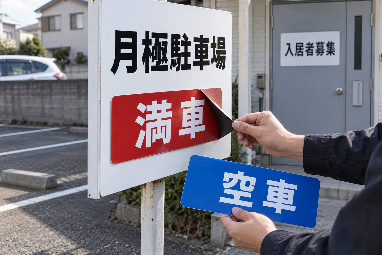 駐車場入口のスチール看板に貼った「満車」「空車」の差し替え用マグネット看板と、不動産事務所の鉄扉に貼った「入居者募集」のマグネット看板