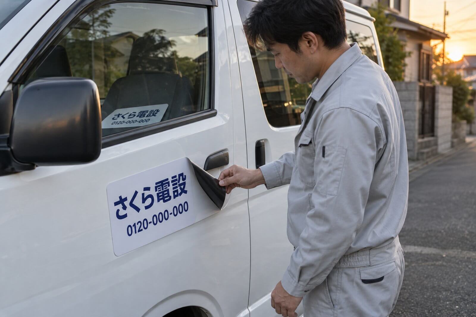 リース中の白いハイエースのドアに社名入りマグネット看板を貼り、帰宅時には剥がして助手席に置く様子