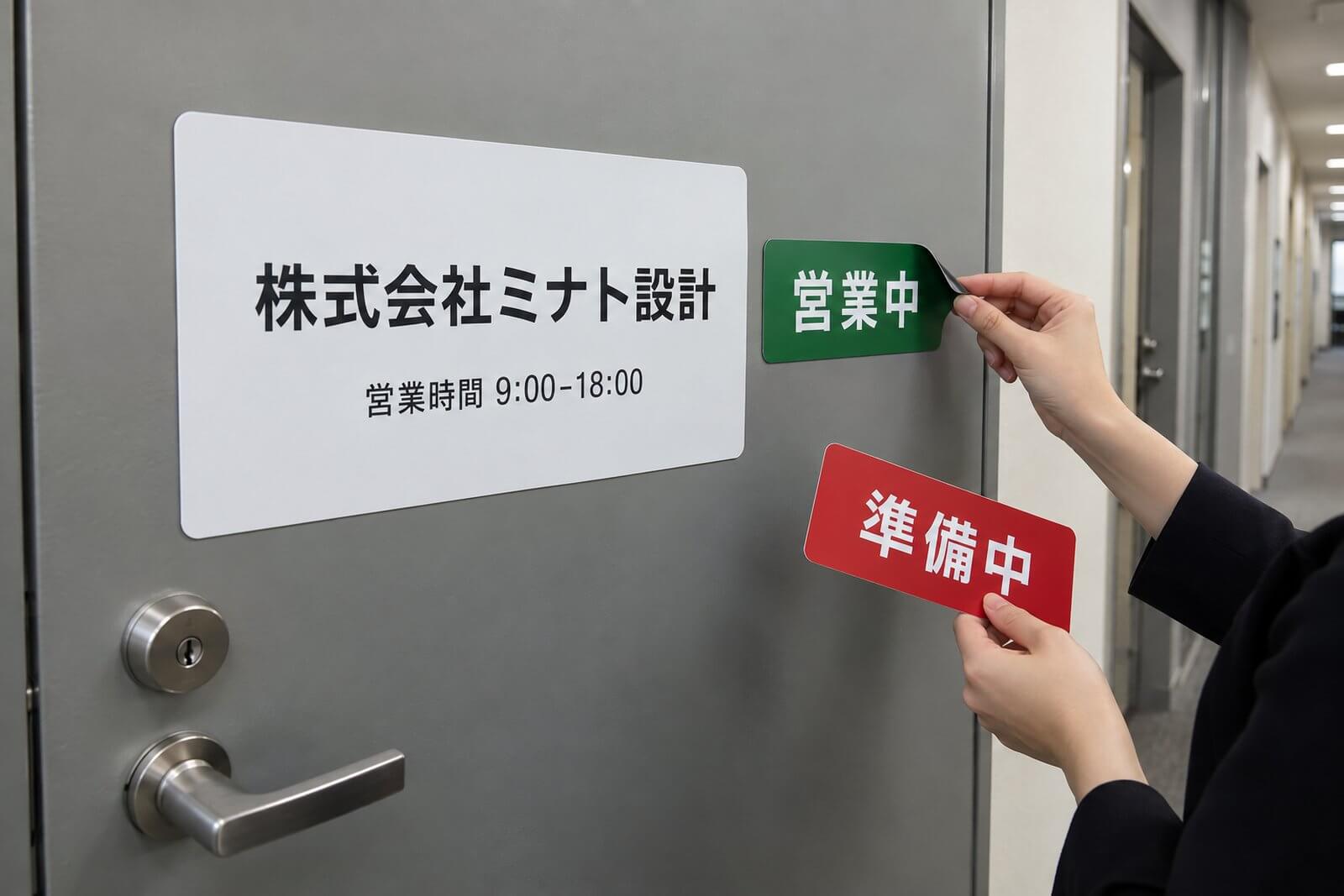 オフィスのグレーのスチール扉に貼った社名と営業時間のマグネット看板と、その横の「営業中」差し替えプレート