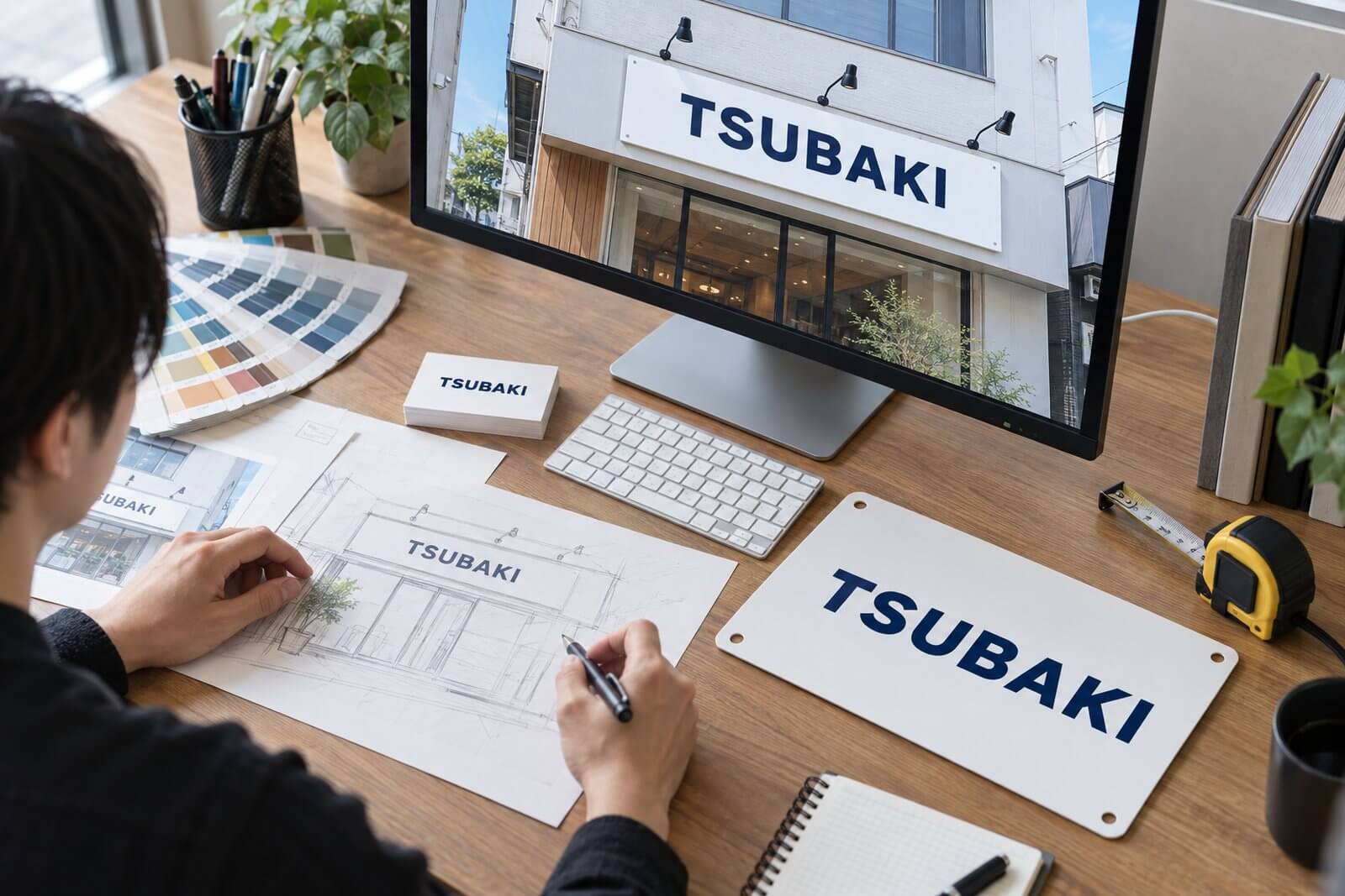 モニターに表示した看板のレイアウトデータと、机の上の名刺・完成した小型プレート看板