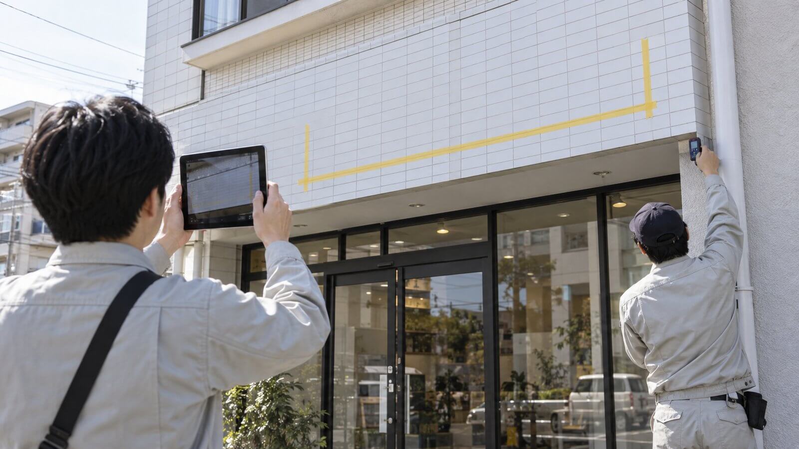 施工スタッフが店舗入口上の壁をレーザー距離計で採寸し、看板の取付位置を確認している様子