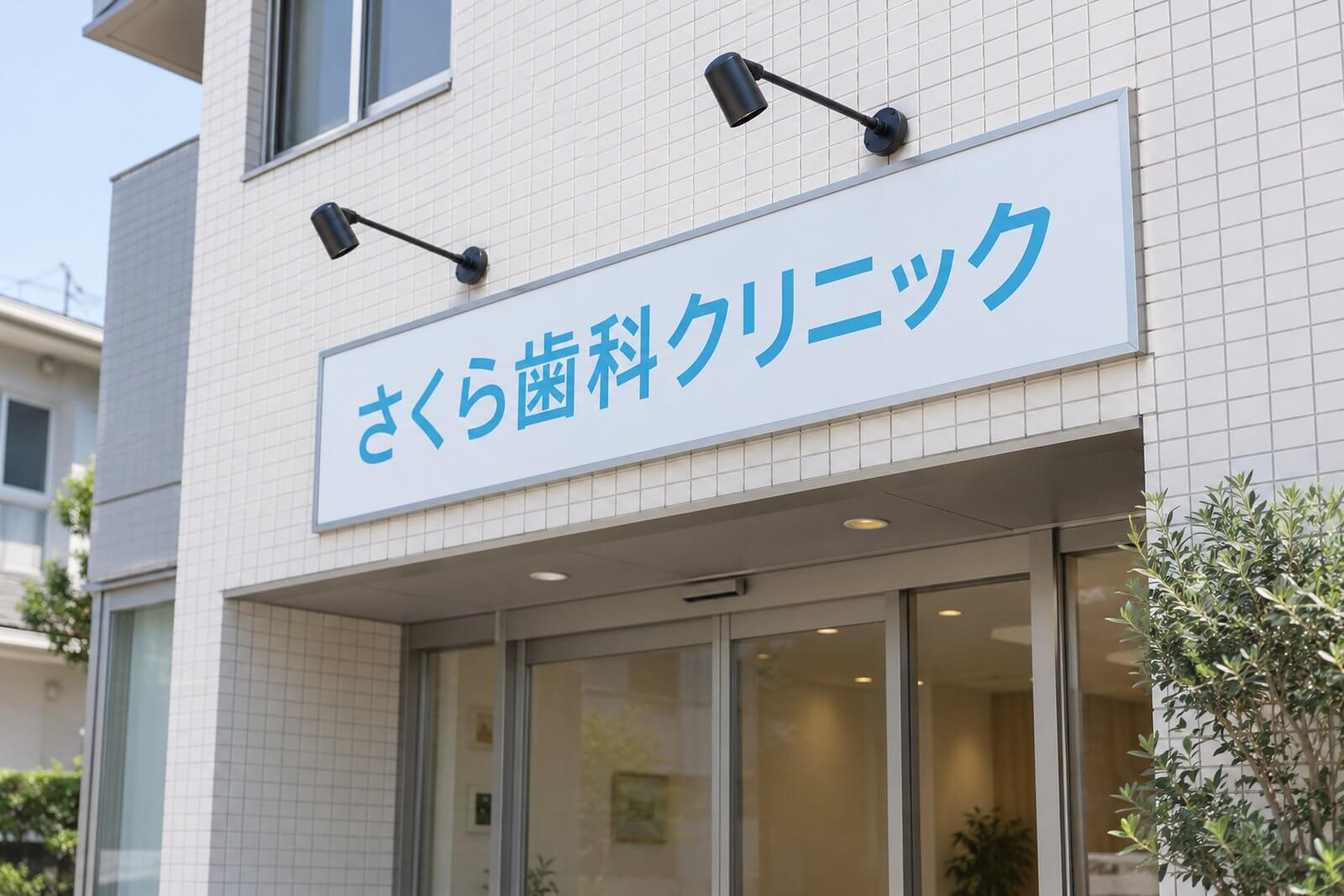 昼の店舗入口の上に取り付けたアルミ枠付きのファサード看板と、上に付けた黒いアームスポットライト2灯