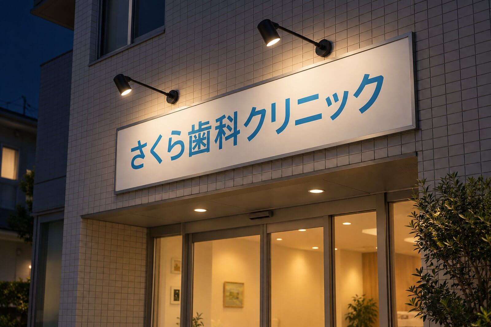 夜の店舗入口でアームスポットライトに照らされたファサードのプレート看板