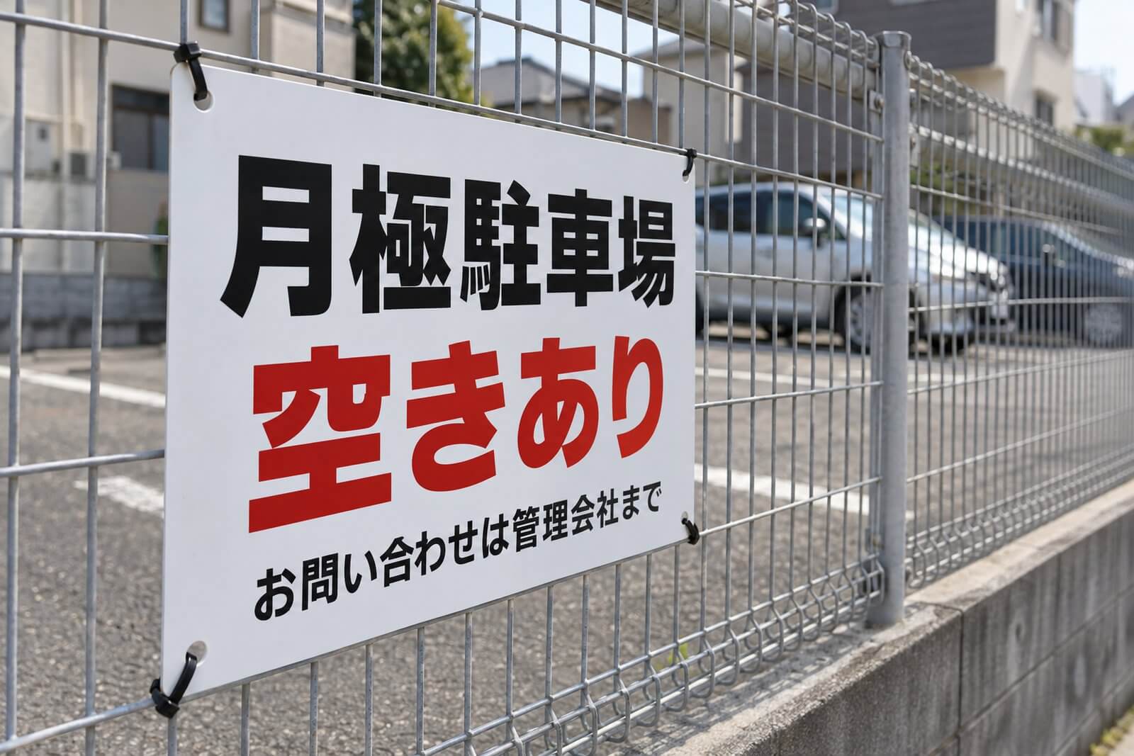 駐車場のメッシュフェンスに、四隅の穴に通した屋外用の結束バンドで固定したプレート看板