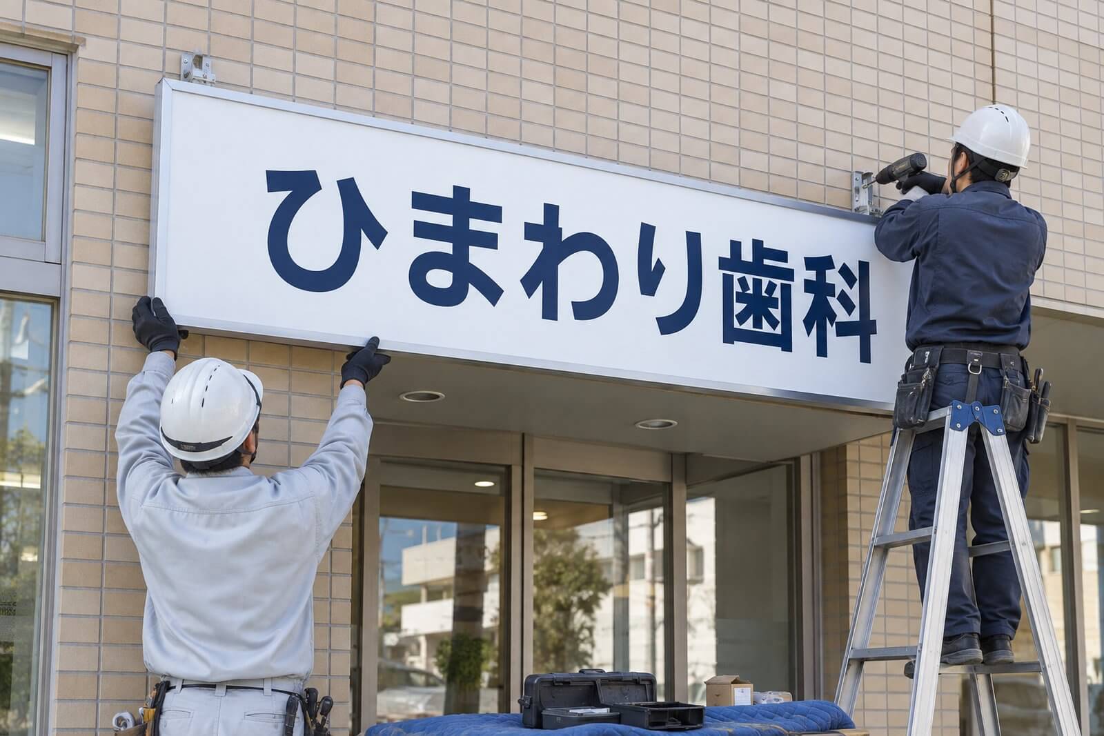 施工スタッフがアルミ枠付きの大型プレート看板を、タイルの外壁にアンカーとブラケットで取り付けている様子