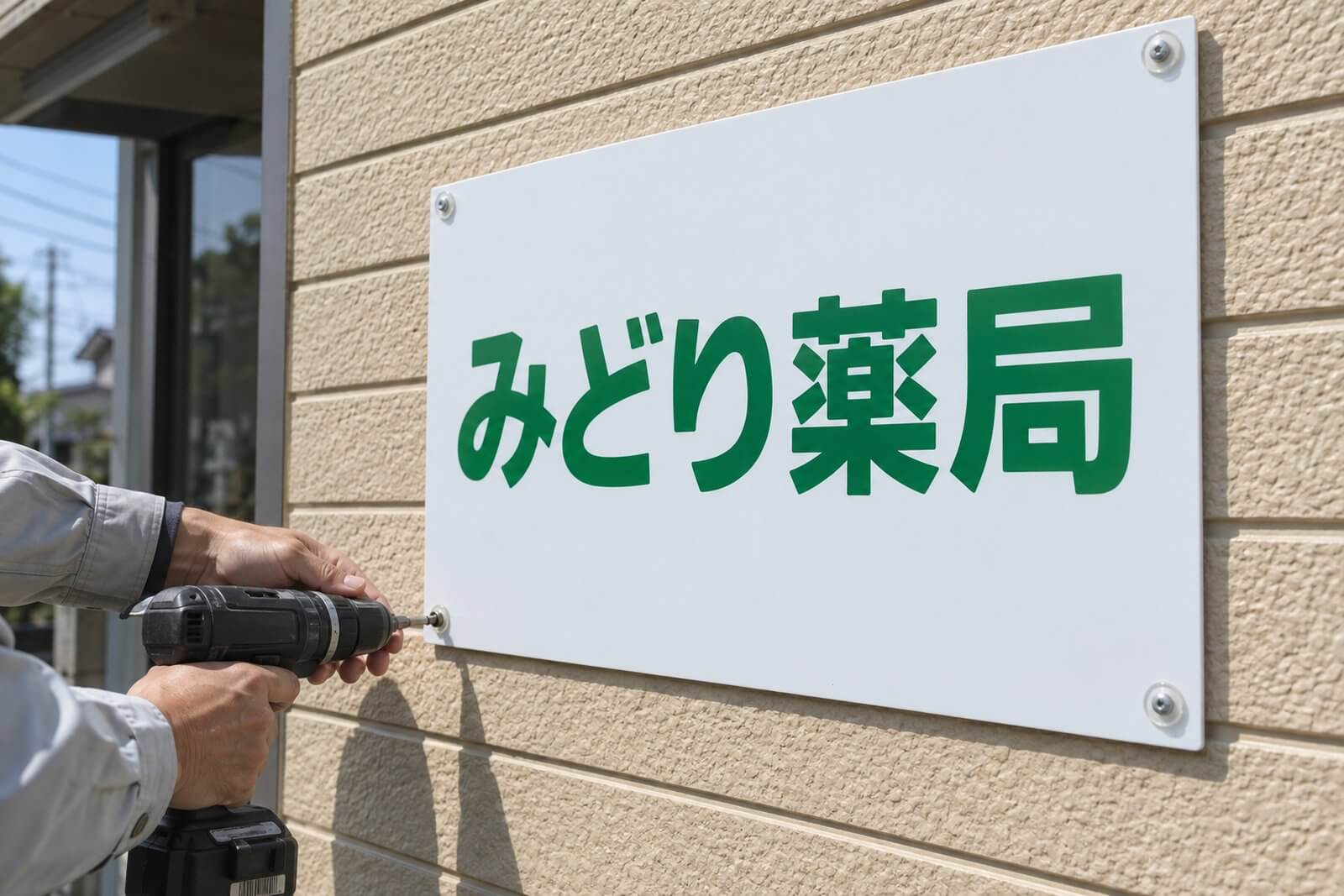 穴あけ加工済みのプレート看板を、サイディングの外壁にビスで固定している手元