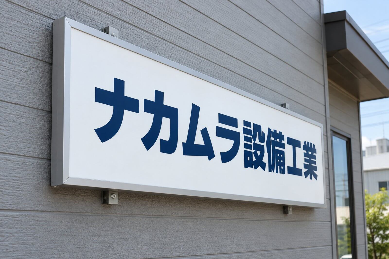 アルミ枠で四辺を囲った壁面看板を、店舗の外壁にブラケットで取り付けたアップ