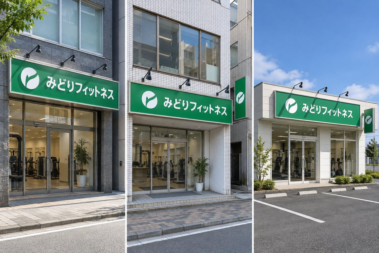 同じデザインのファサード看板を付けた、チェーン店の3店舗の外観を並べた写真