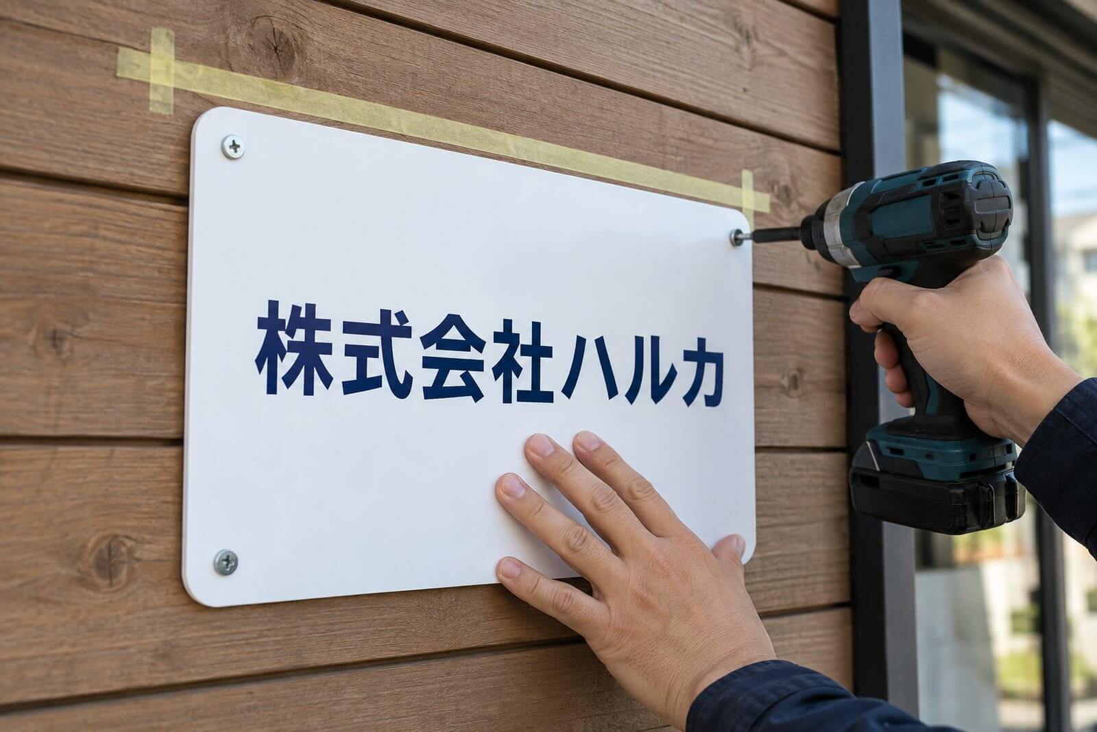 穴あけ加工済みのプレート看板を、電動ドライバーで木の壁にビス固定している手元