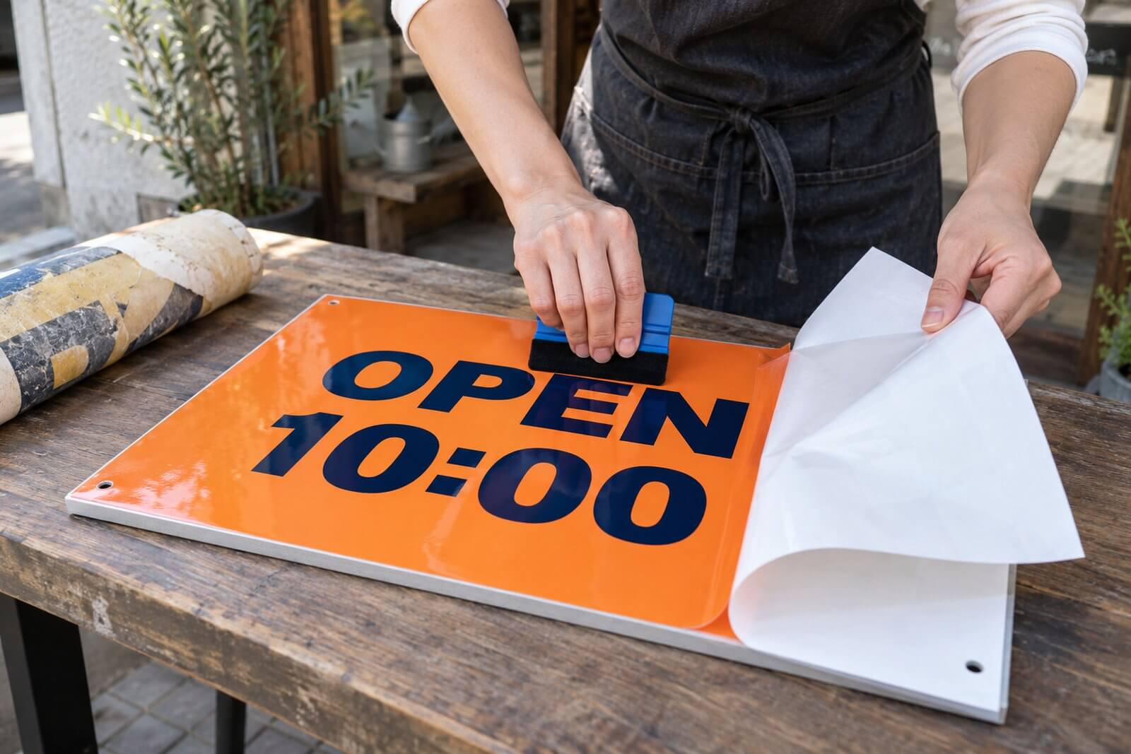 店舗スタッフが、届いた貼り替え用の印刷シートを既存のプレート看板に自分で貼っている手元