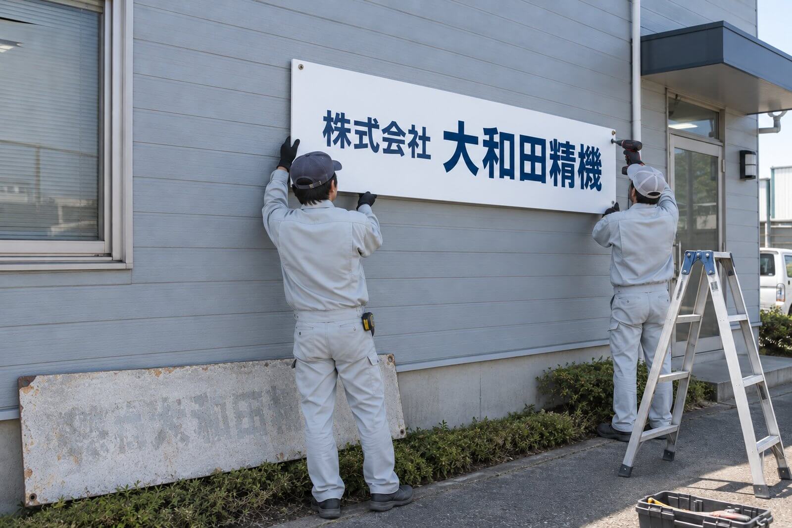 施工スタッフが古いプレート看板を外し、新しいプレート看板を同じビス穴の位置に取り付けている様子