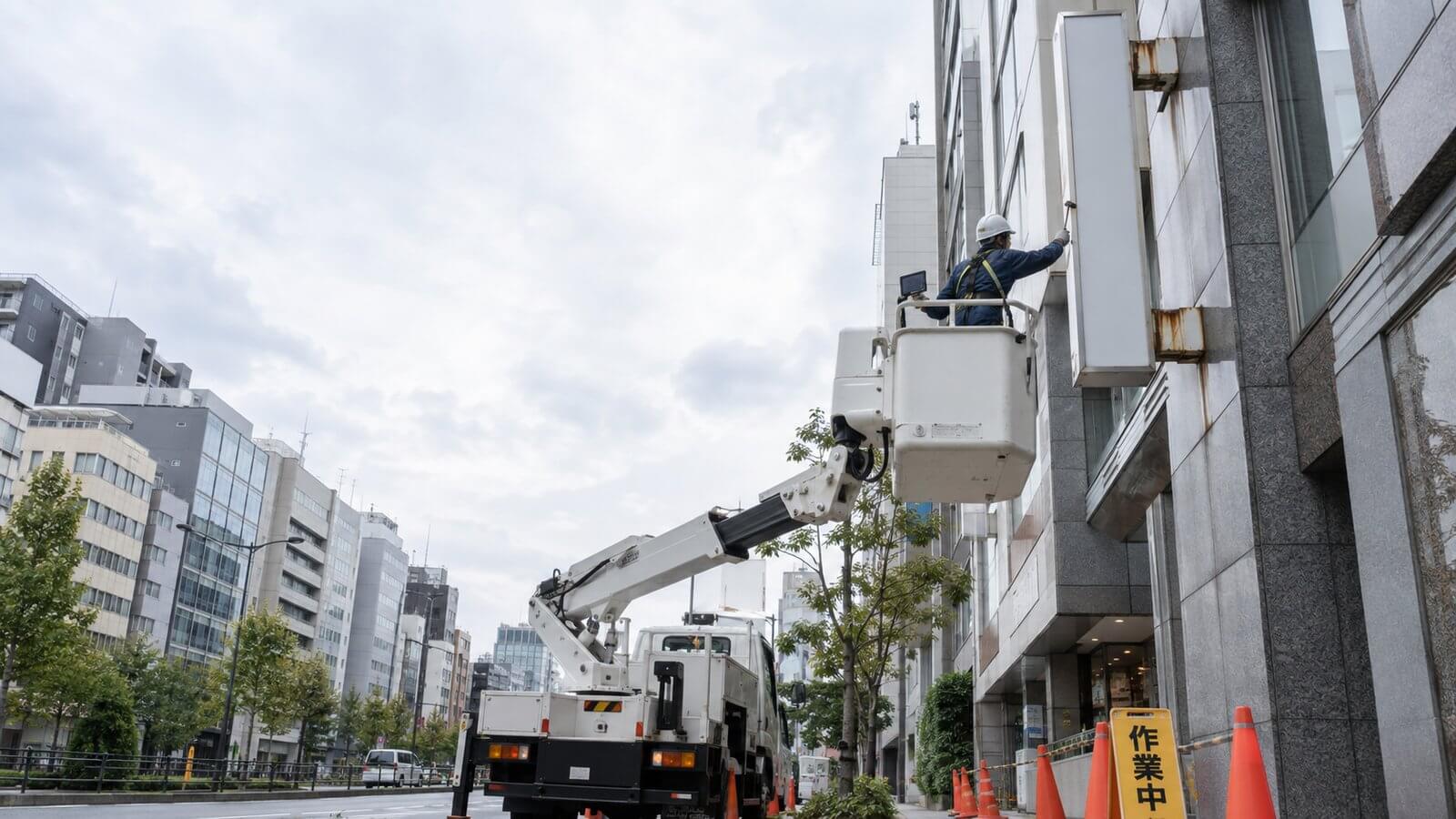 高所作業車のバケットに乗った屋外広告士がビル壁面の袖看板の取付部を打診ハンマーで点検し、タブレットに記録している様子