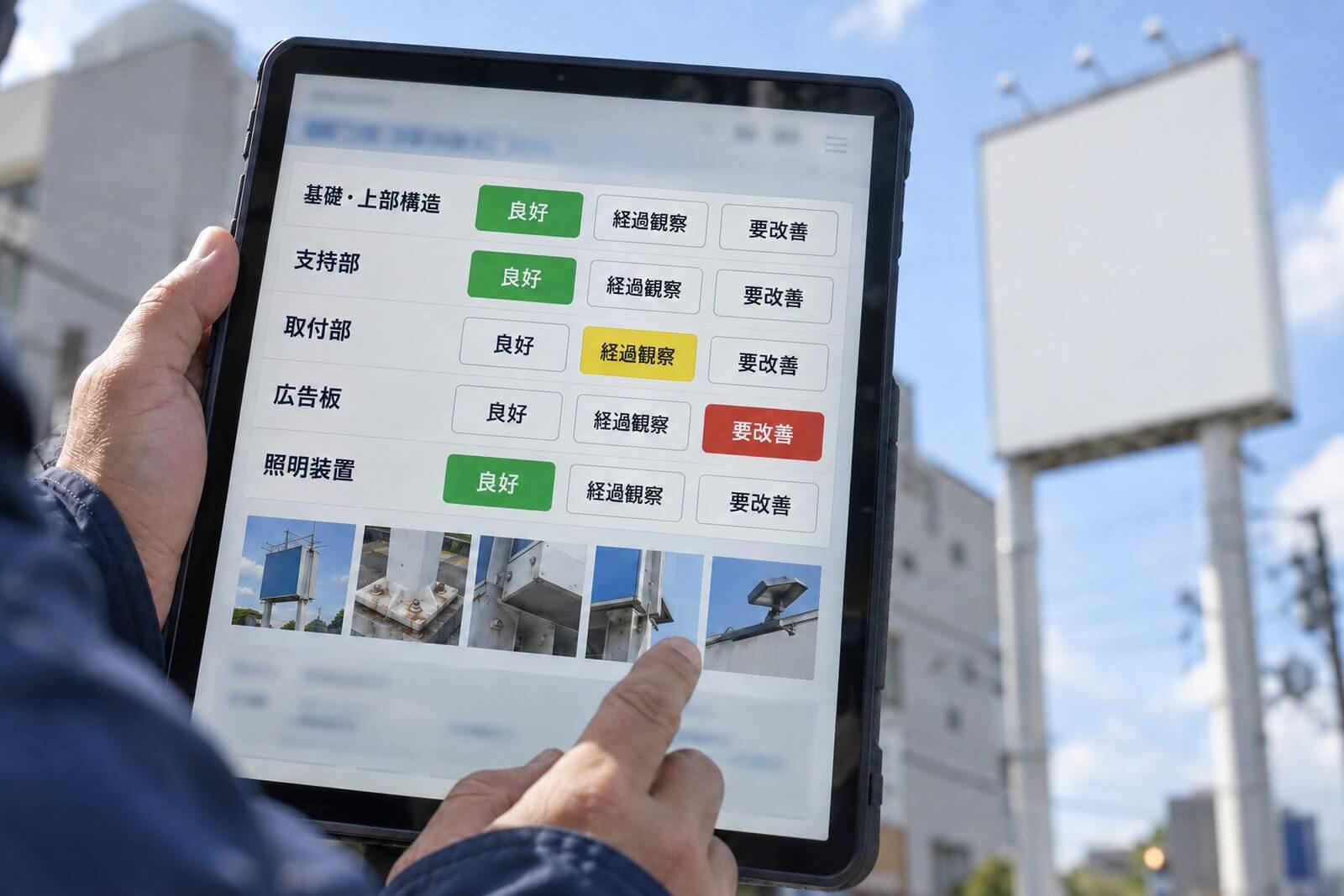 タブレットに表示された点検チェックリストに、良好・経過観察・要改善の3段階で判定を入力している点検員の手元