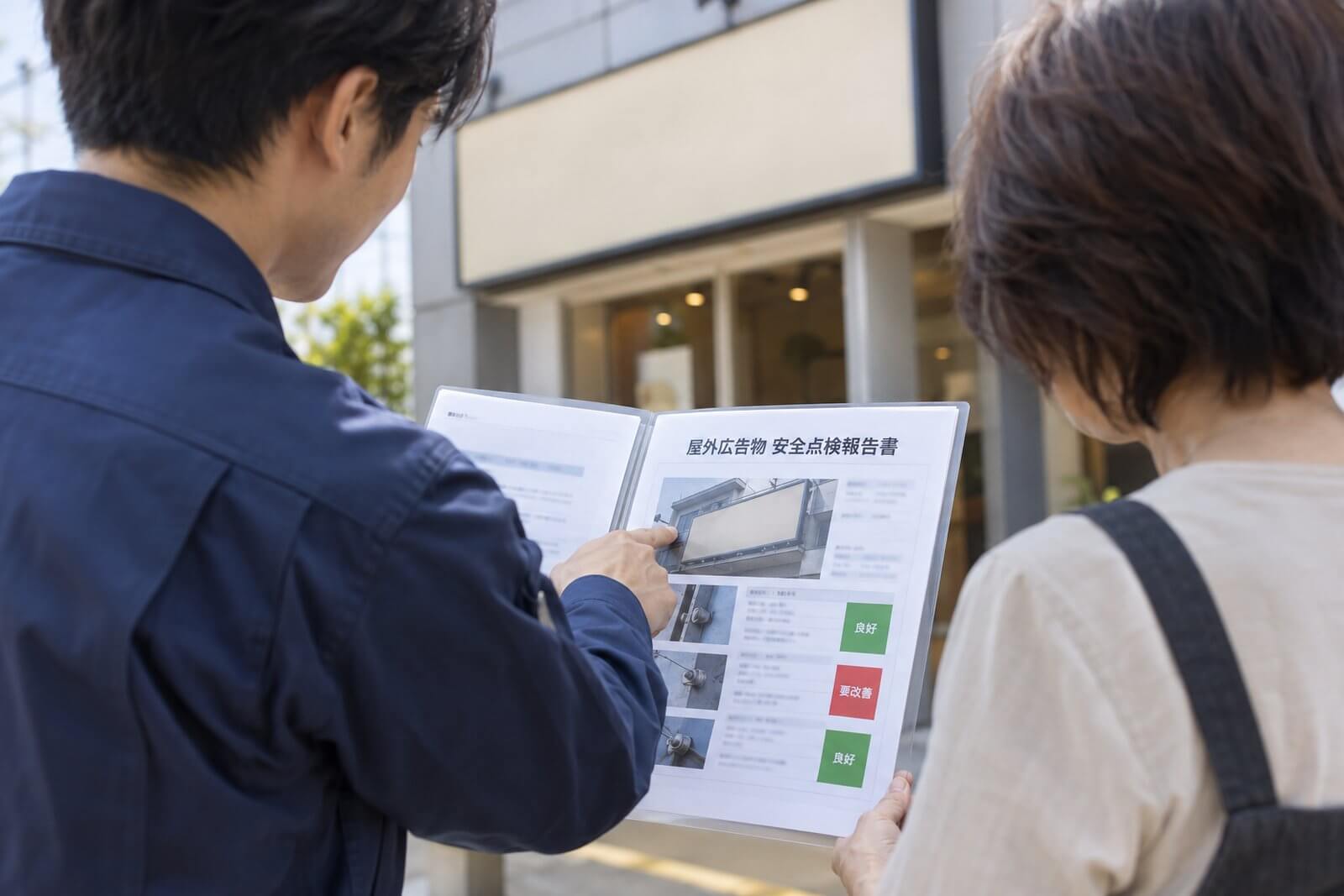 全景写真と取付部の接写写真を貼り付けた屋外広告物安全点検報告書を、点検員がオーナーに手渡して説明している