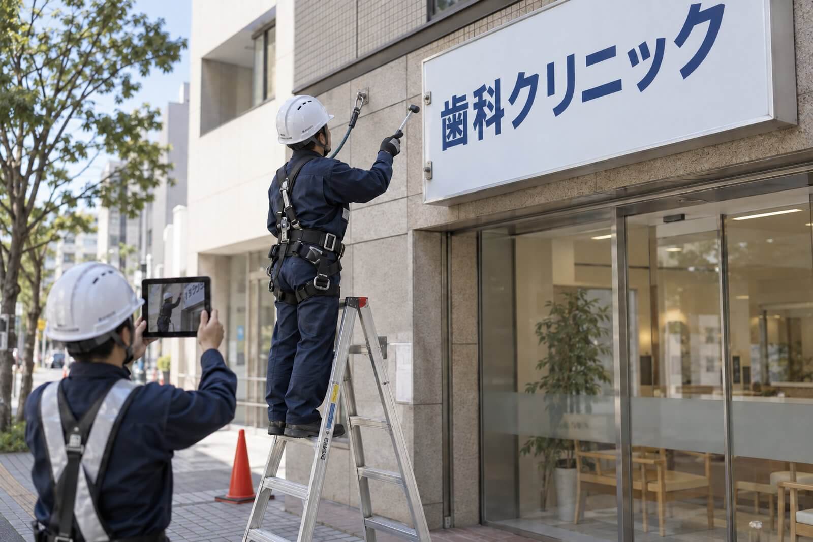 脚立に上った点検員が壁面看板の取付ボルトを打診ハンマーで叩いて音を確かめ、もう1人がその様子を地上から写真に記録している