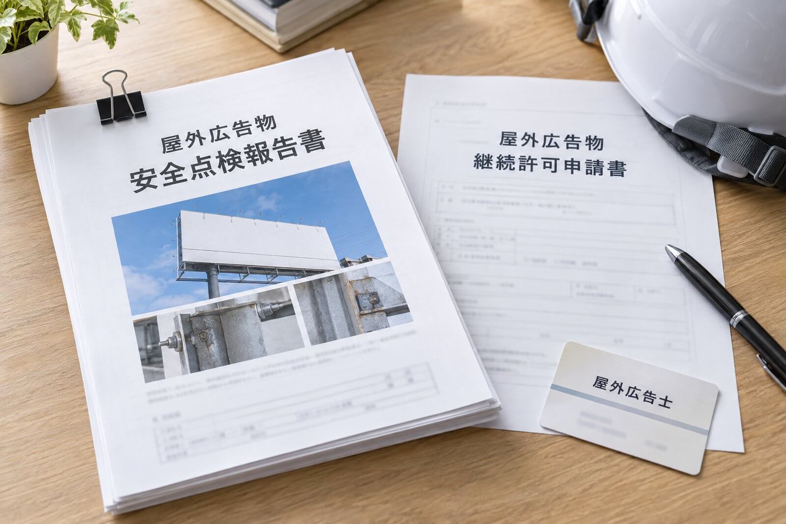 机の上に置かれた屋外広告物の点検報告書と看板の写真、継続許可申請書、屋外広告士の資格証