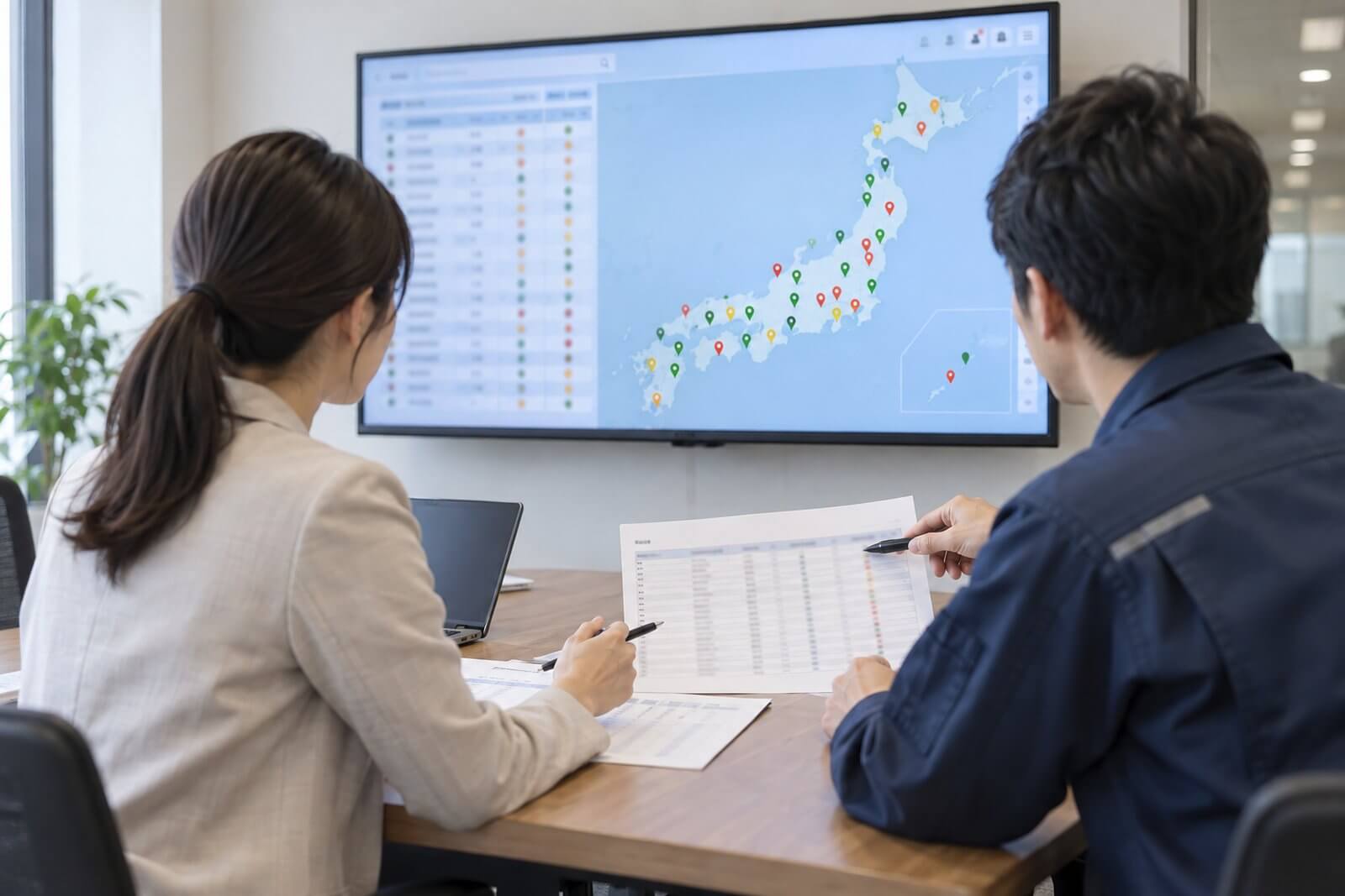日本地図に全国の店舗のピンが表示された画面と、店舗ごとの看板の点検状況・次回更新期限が並んだ一覧表を見ている本部の担当者