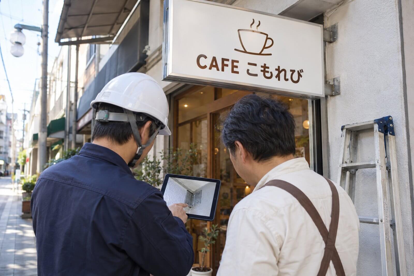 路面店の店先で、点検員が店主に壁面看板の点検結果をタブレットの写真で見せながら説明している