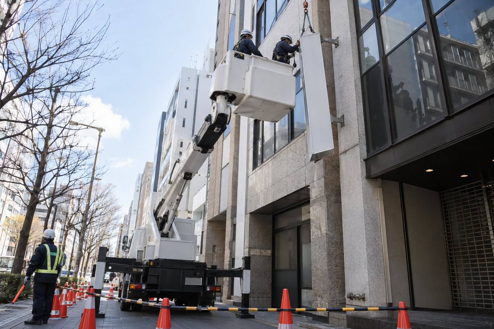 道路使用許可を取り、交通誘導員を配置した歩道で、高所作業車のバケットに乗った作業員2人がビル壁面の袖看板をアームから取り外している