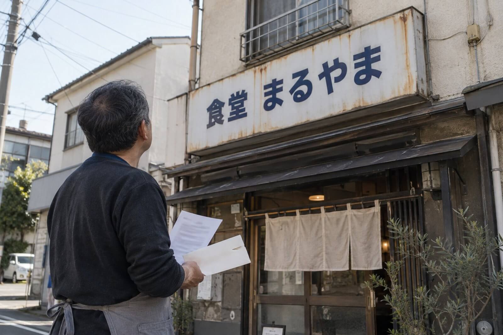 店舗の前で古びた袖看板を見上げながら、自治体から届いた屋外広告物の継続申請の案内を手に持つ店舗オーナー