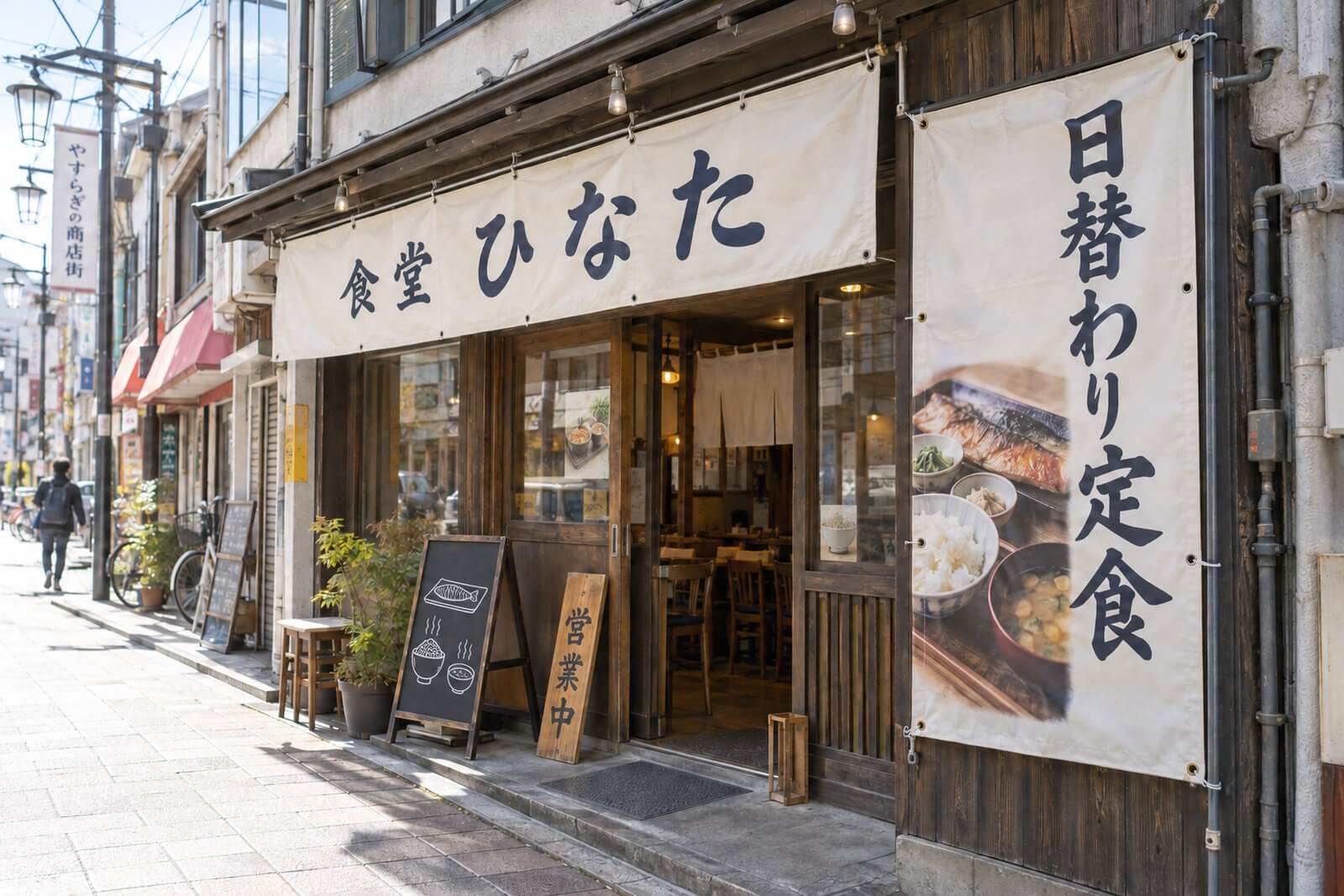 商店街の定食屋に設置された軒下の横長店頭幕と入口横の縦型店頭幕