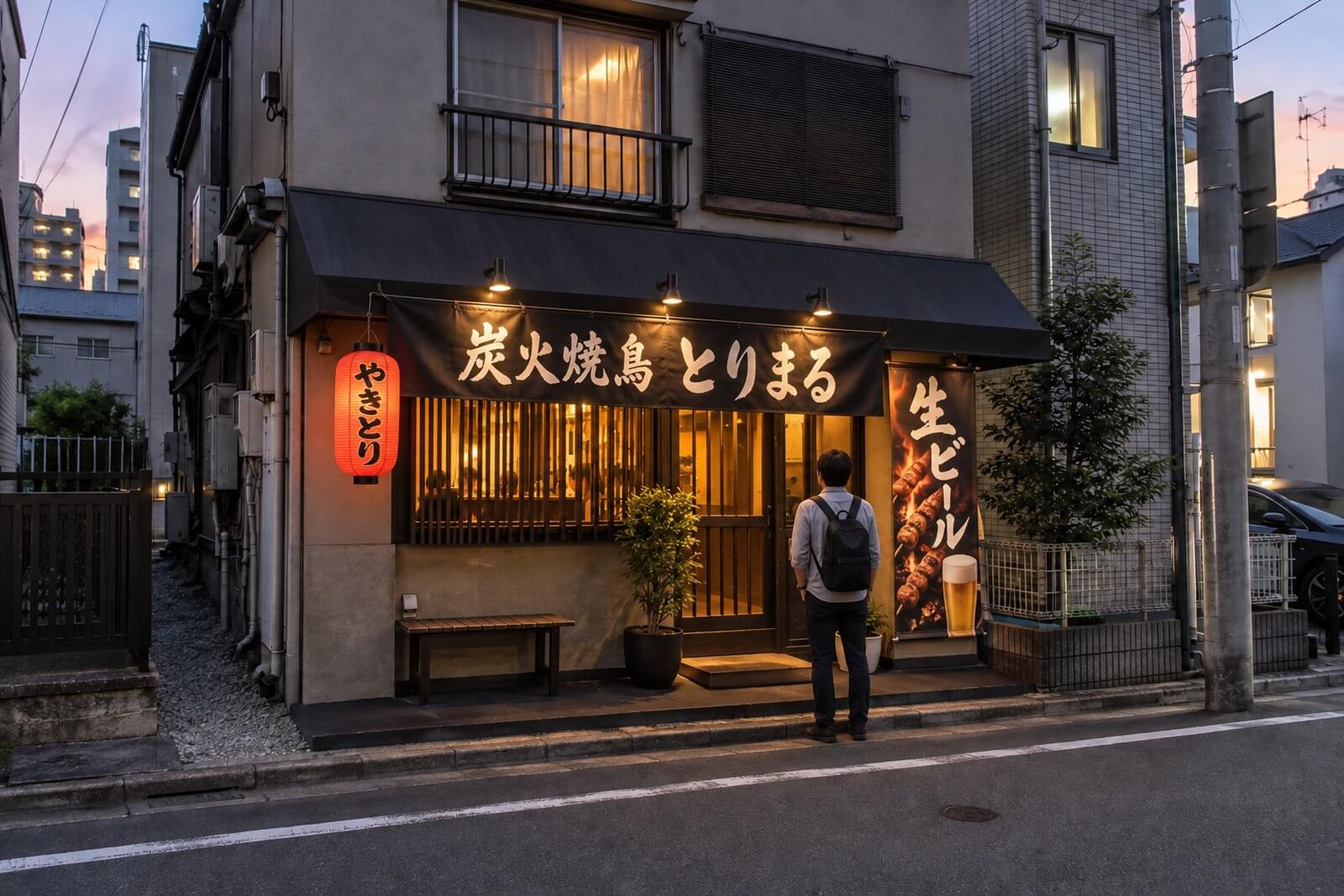 軒下に店頭幕とスポットライトを設置し目立つようになった夕方の居酒屋外観