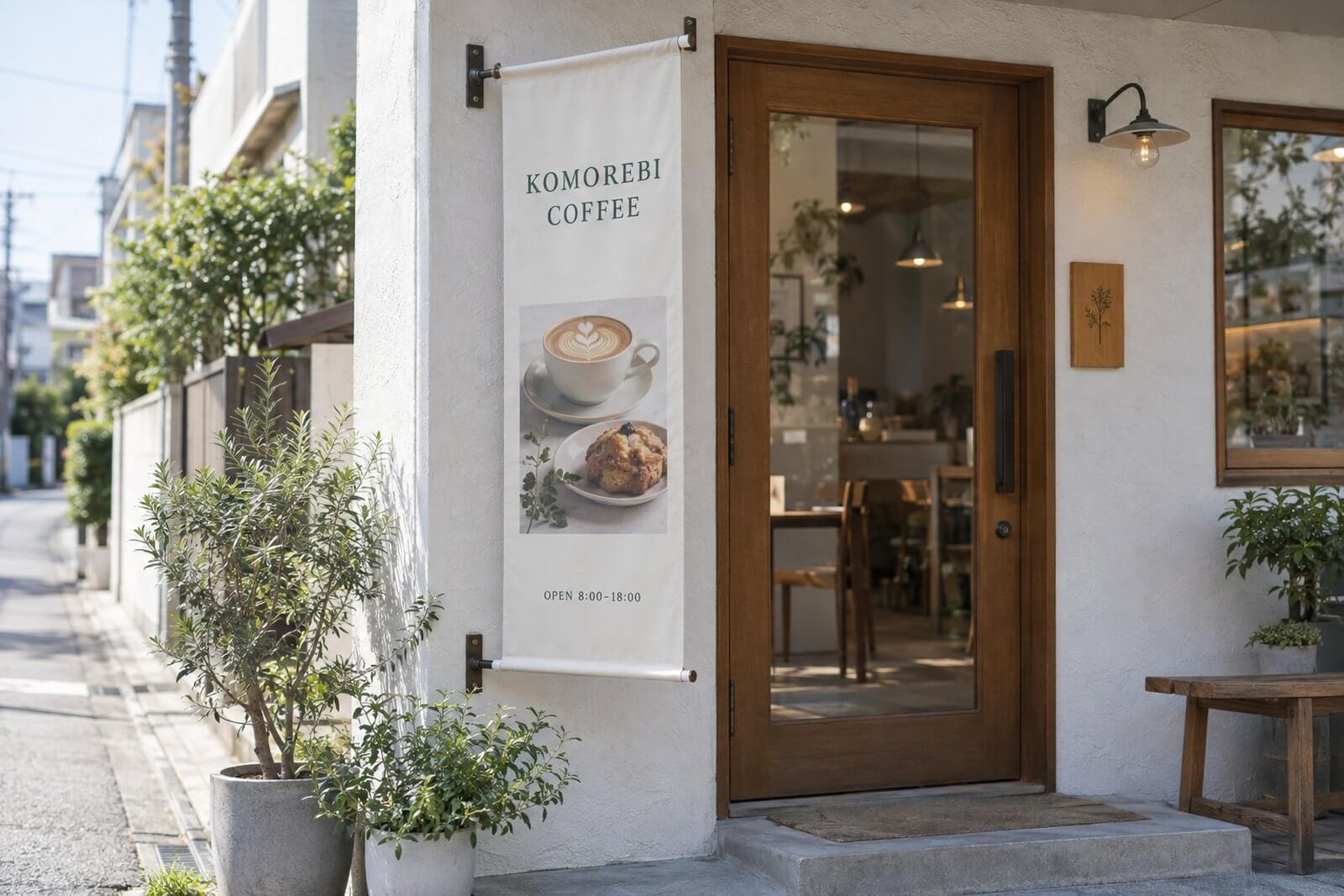 カフェの入口横にパイプで吊り下げたナチュラルな色合いの縦型店頭幕