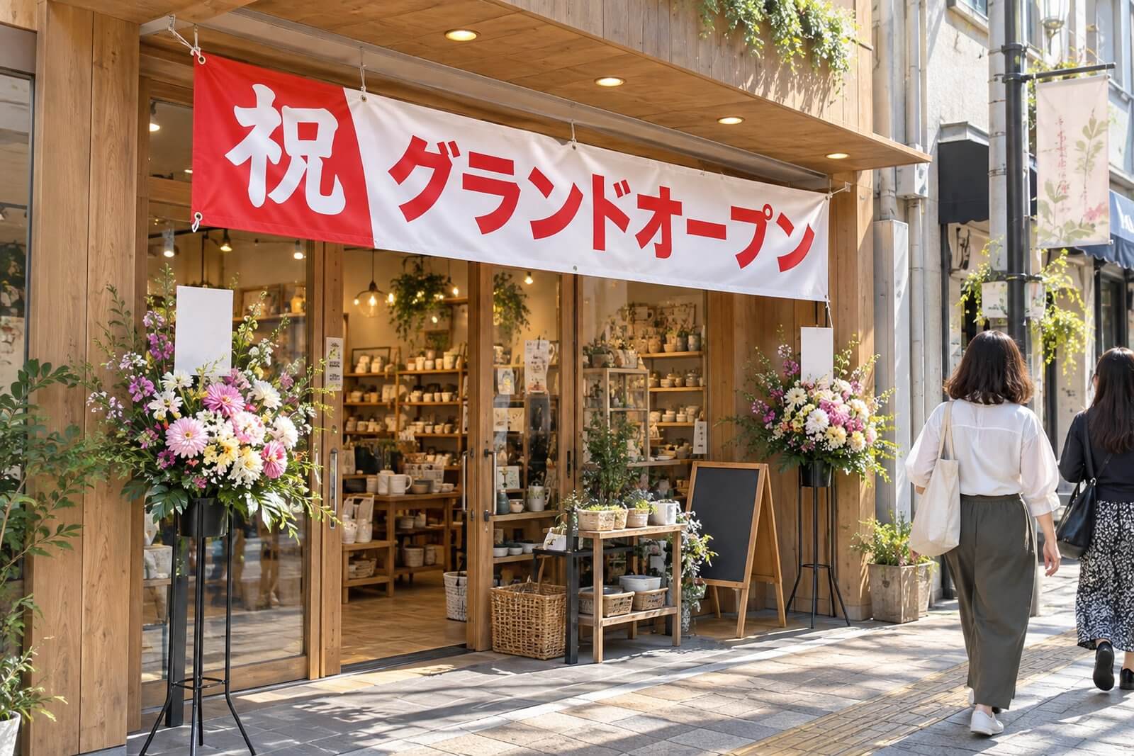 雑貨店の店頭に設置した祝グランドオープンの紅白の横長幕
