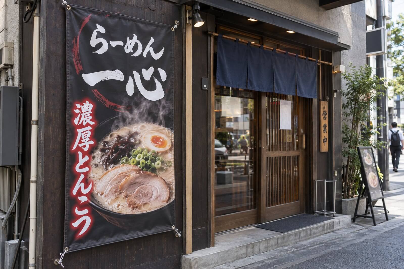 ラーメン店の入口横に設置した筆文字とラーメン写真の縦型店頭幕
