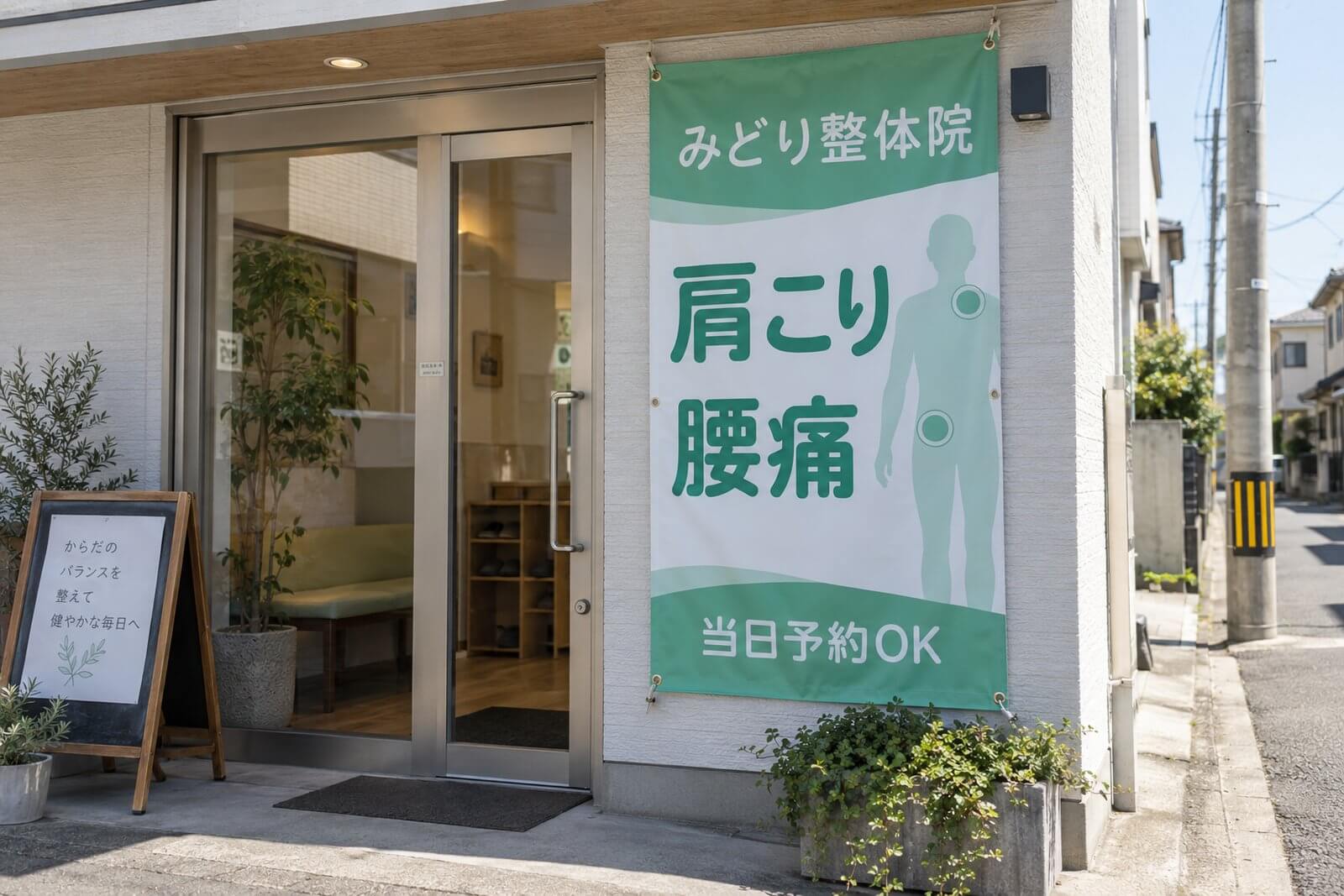 整体院の入口に設置した緑色を基調とした縦型店頭幕