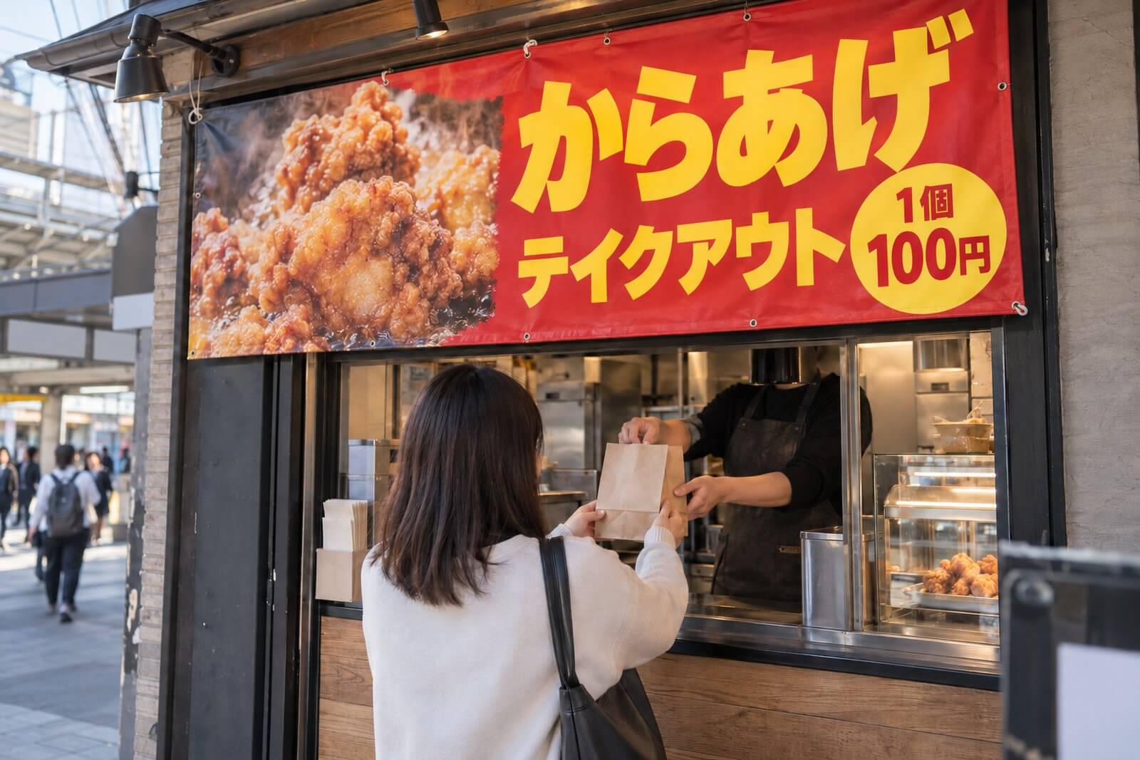 唐揚げテイクアウト店の軒下に設置した赤と黄色の横長店頭幕