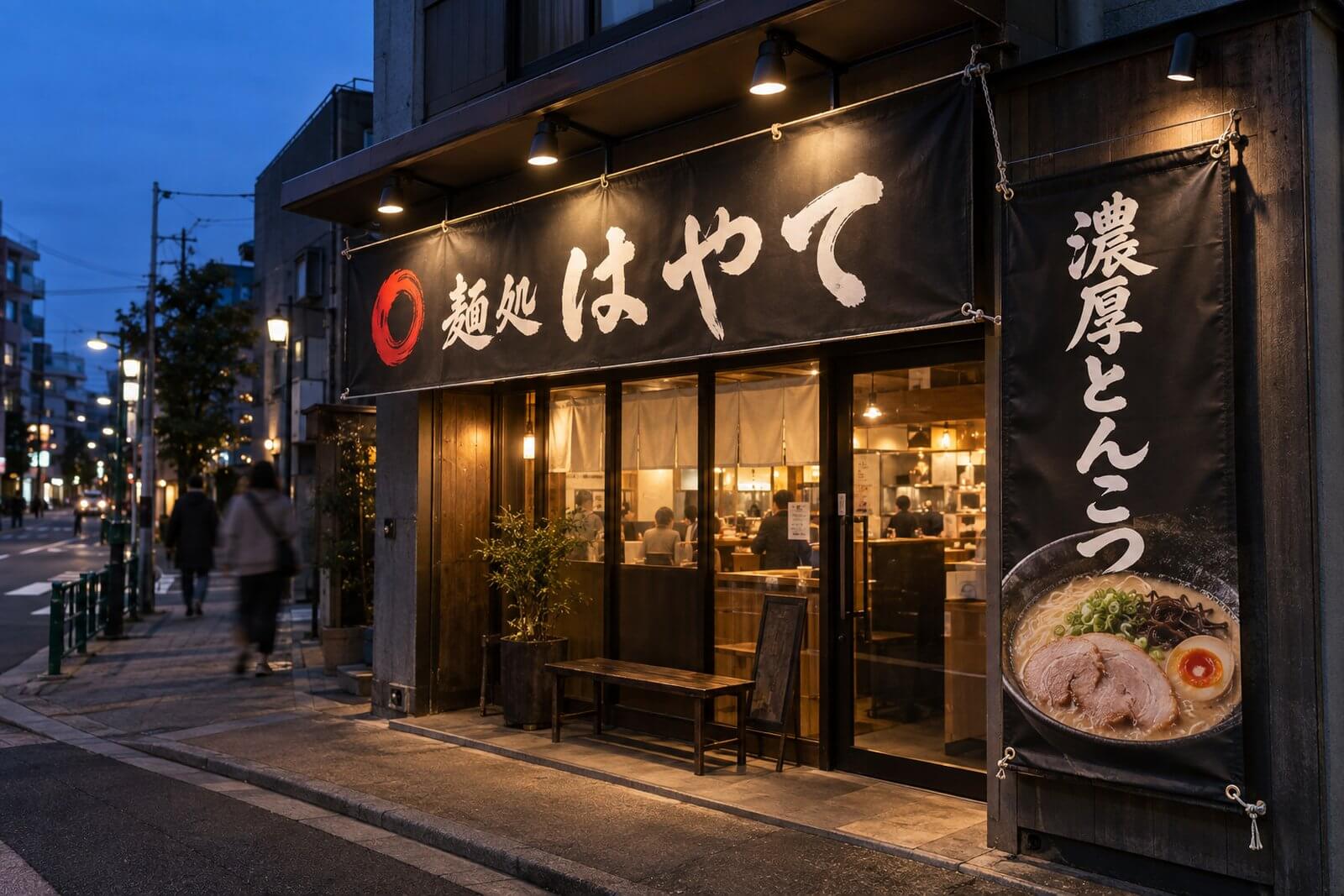 夕暮れの路面店の軒下に設置された横長の店頭幕とスポットライト