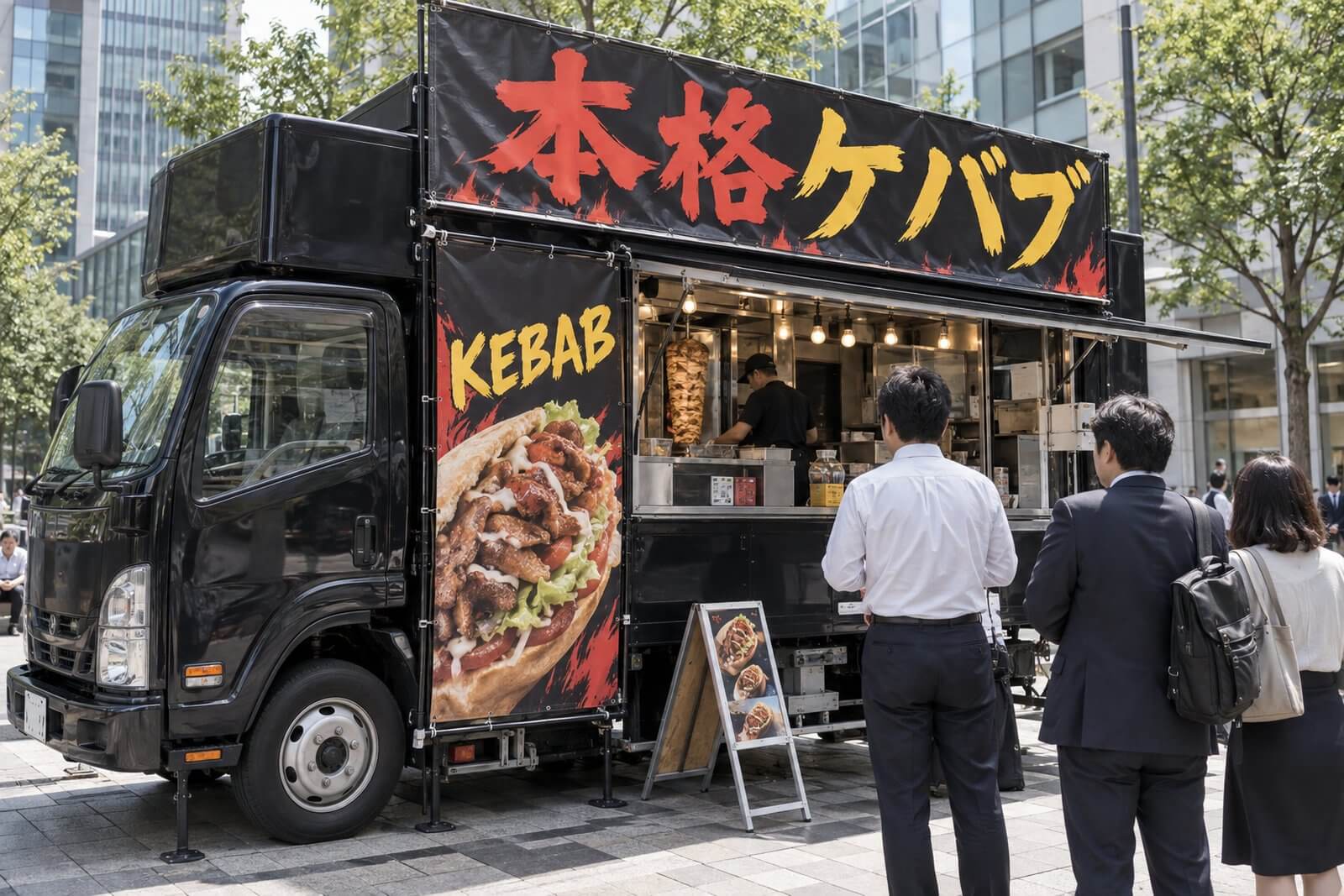 2トントラックベースのケバブのキッチンカーに横長の幕と縦型の幕を設置したイメージ