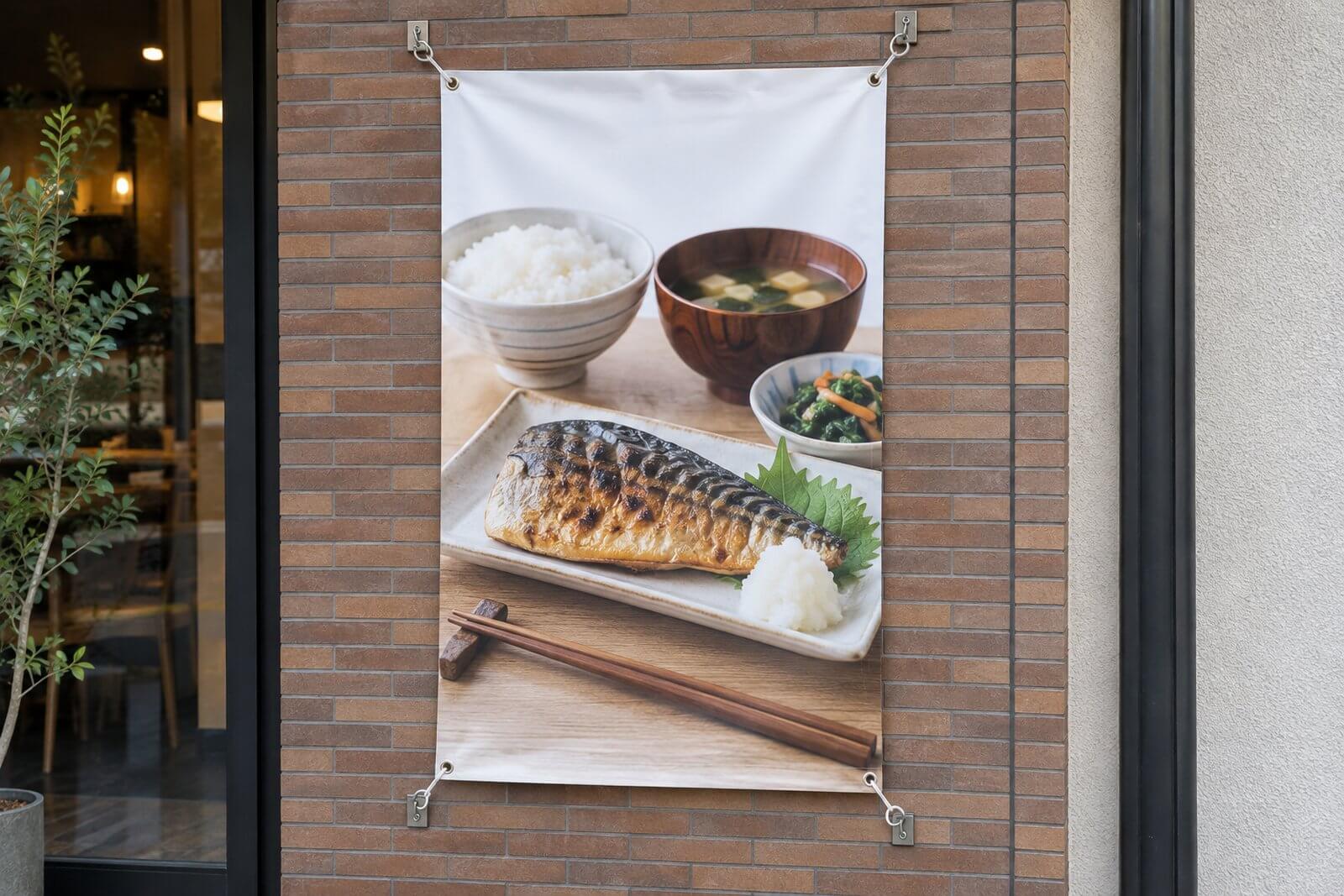 店舗の外壁のフックにハトメで固定した縦型の店頭幕