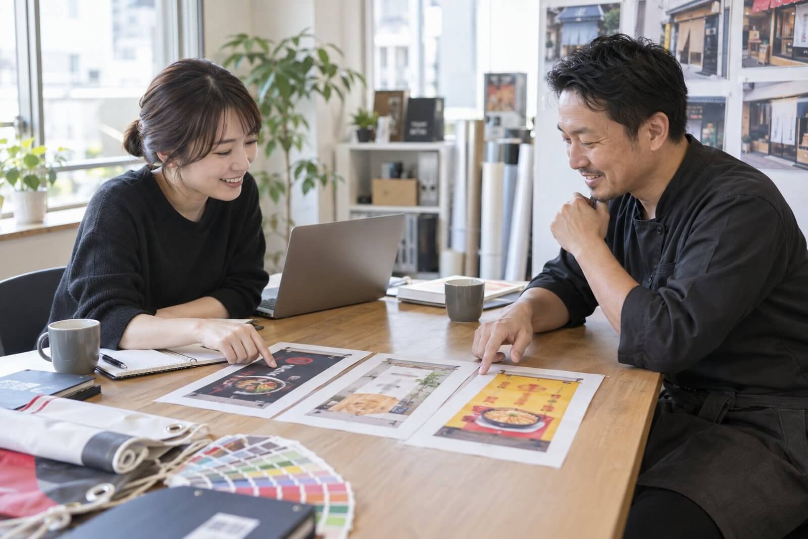 デザイナーと店主が印刷した店頭幕のデザイン見本を見ながら打ち合わせをする様子