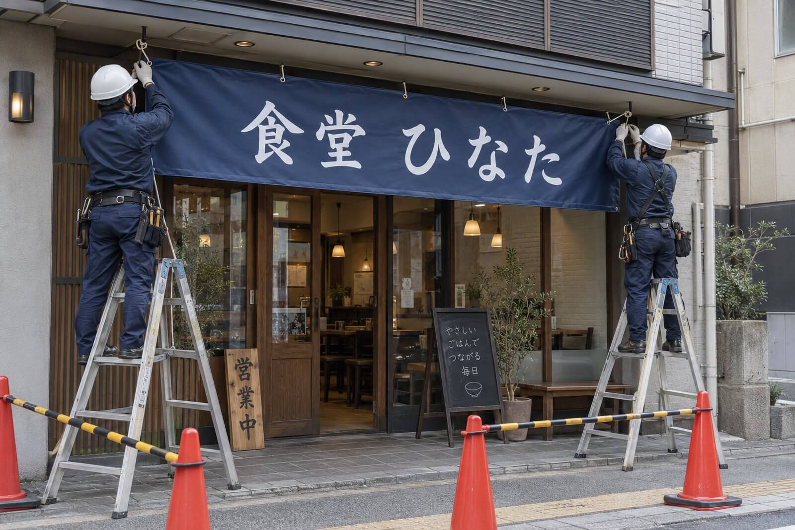 施工スタッフが脚立に乗って店舗の軒下に店頭幕を取り付けている様子
