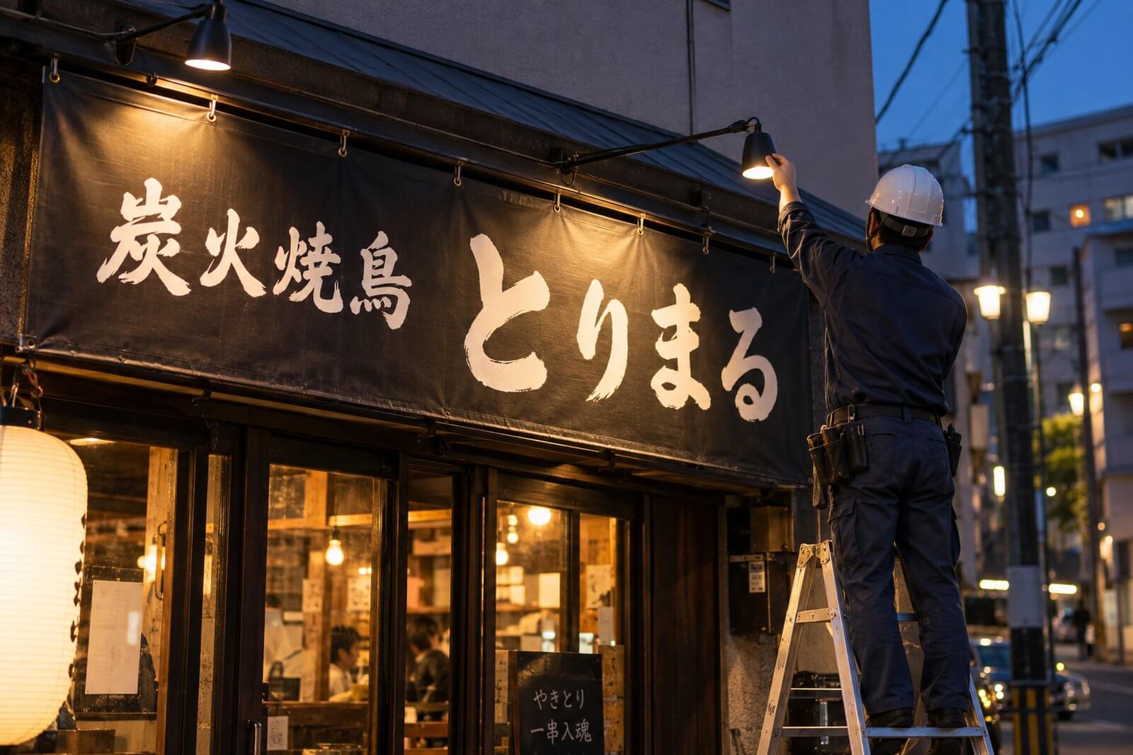 夕暮れに施工スタッフが店頭幕を照らすLEDスポットライトの角度を調整している様子