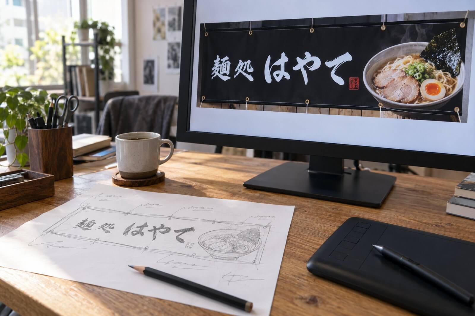 紙に手書きした店頭幕のラフスケッチとモニターに表示された完成デザイン