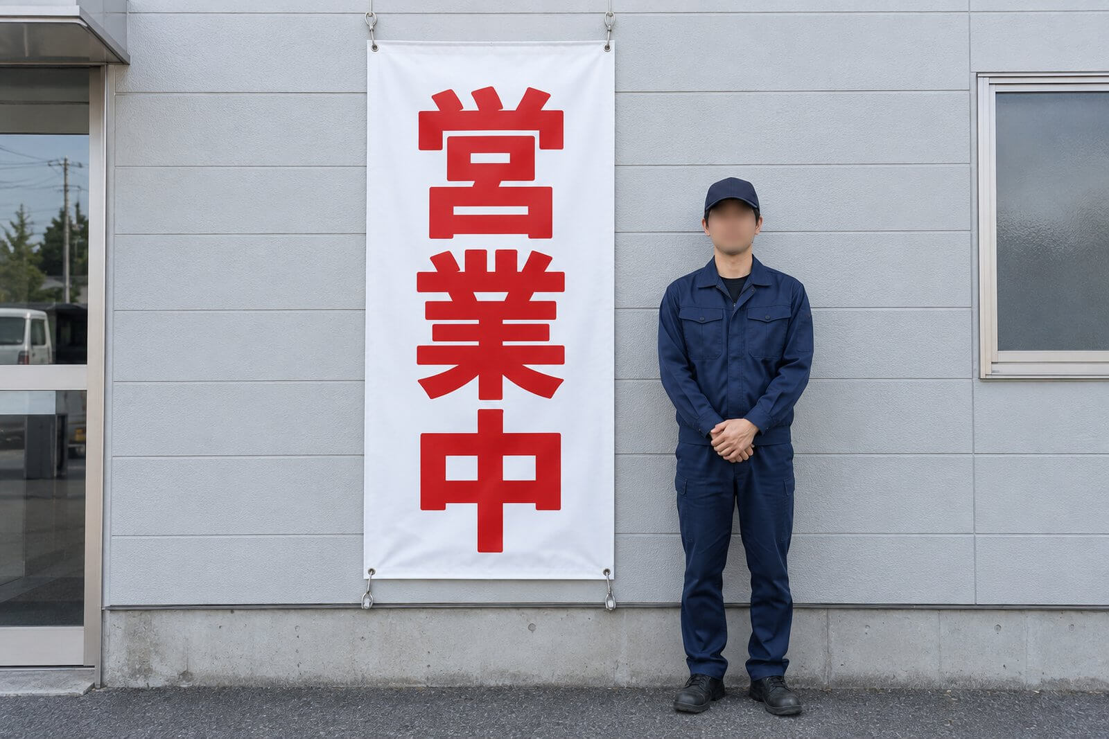 身長170cmほどの人物の横に設置したW900×H1800mmの縦型店頭幕のサイズ感