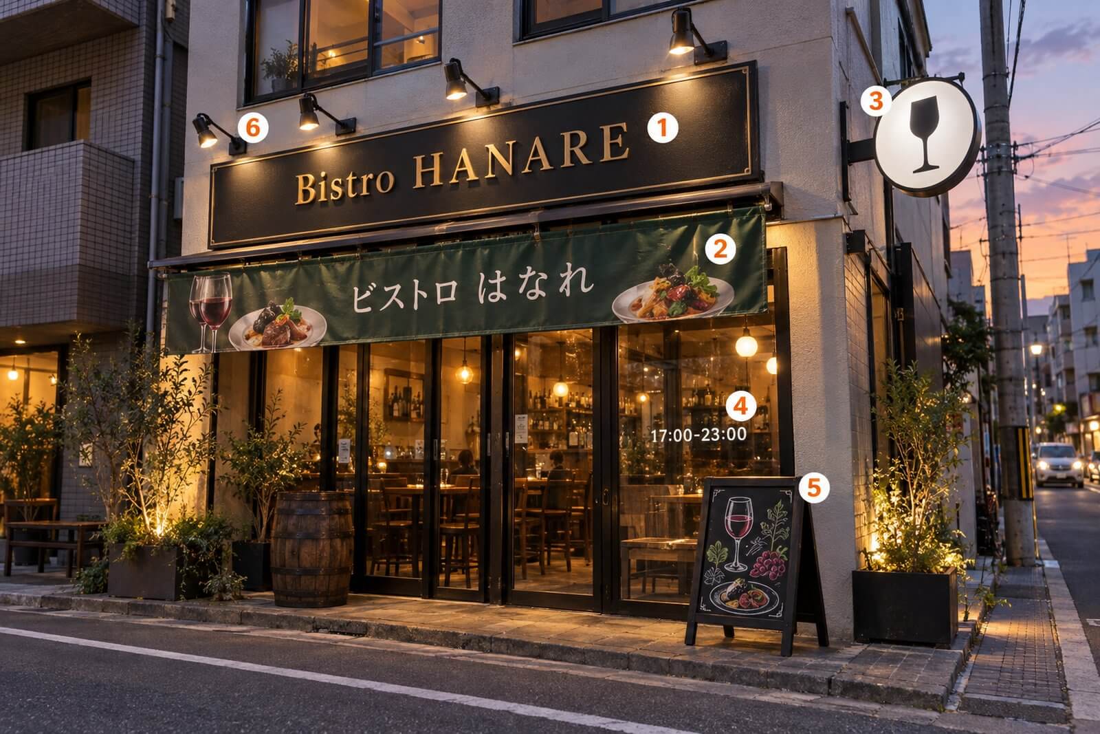ファサード看板・店頭幕・突出し看板・ウィンドウサイン・スタンド看板・スポットライトを設置した店舗外観（番号付き）