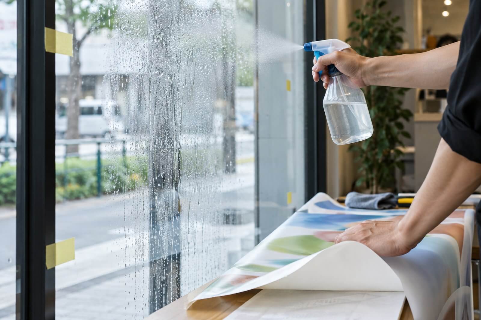 店舗のガラス面に霧吹きで中性洗剤を薄めた水を吹きかけている手元