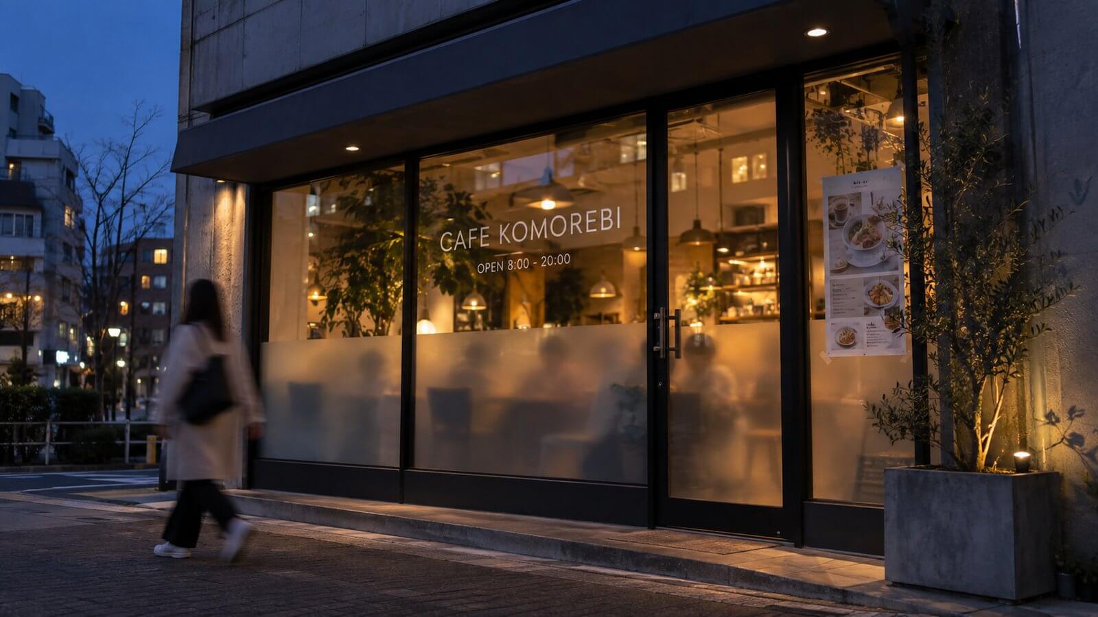 夕方の路面店の大きなガラス面に貼ったフルカラーのウィンドウサインと、くもりガラスフィルムの目隠し