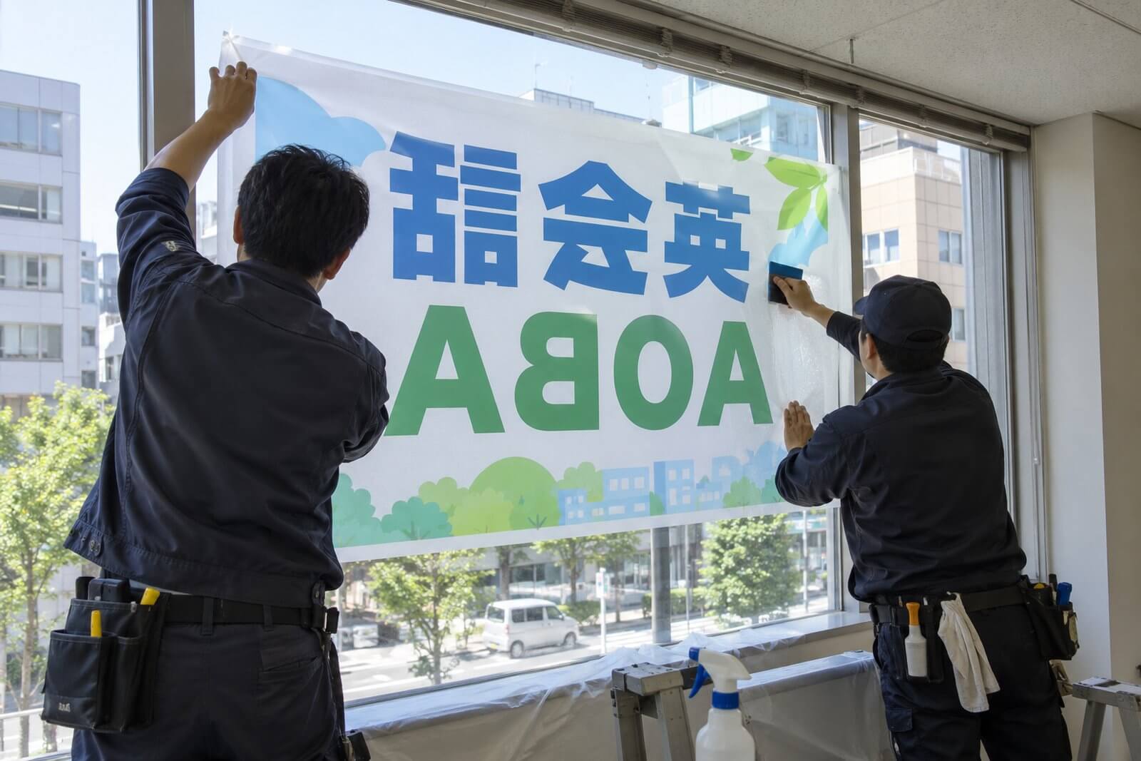 施工スタッフが2階のガラス面に大判のウィンドウサインを貼り付けている様子