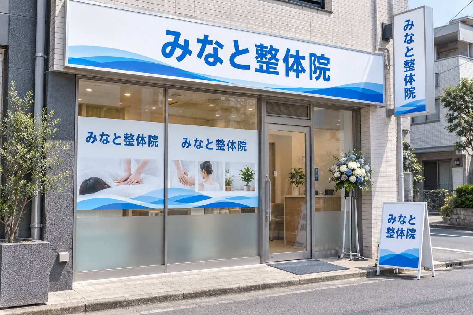 ウィンドウサイン・ファサード看板・袖看板・スタンド看板を設置した開業直後の店舗外観