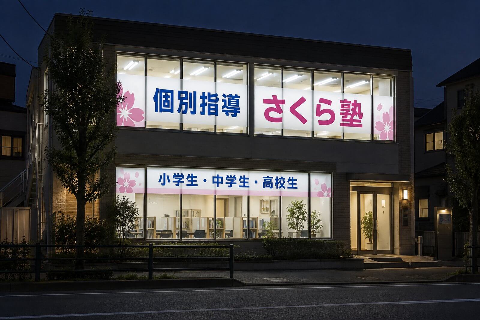 夜の学習塾の窓で、店内の明かりを透かして光るバックライトシートのウィンドウサイン