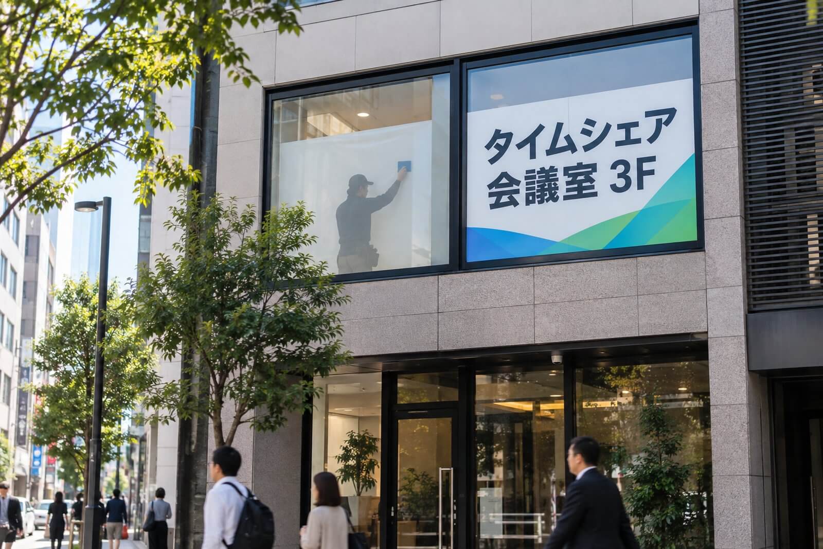 2階の店舗の窓に室内側からウィンドウサインを貼っているスタッフと、通りから見上げた同じ窓