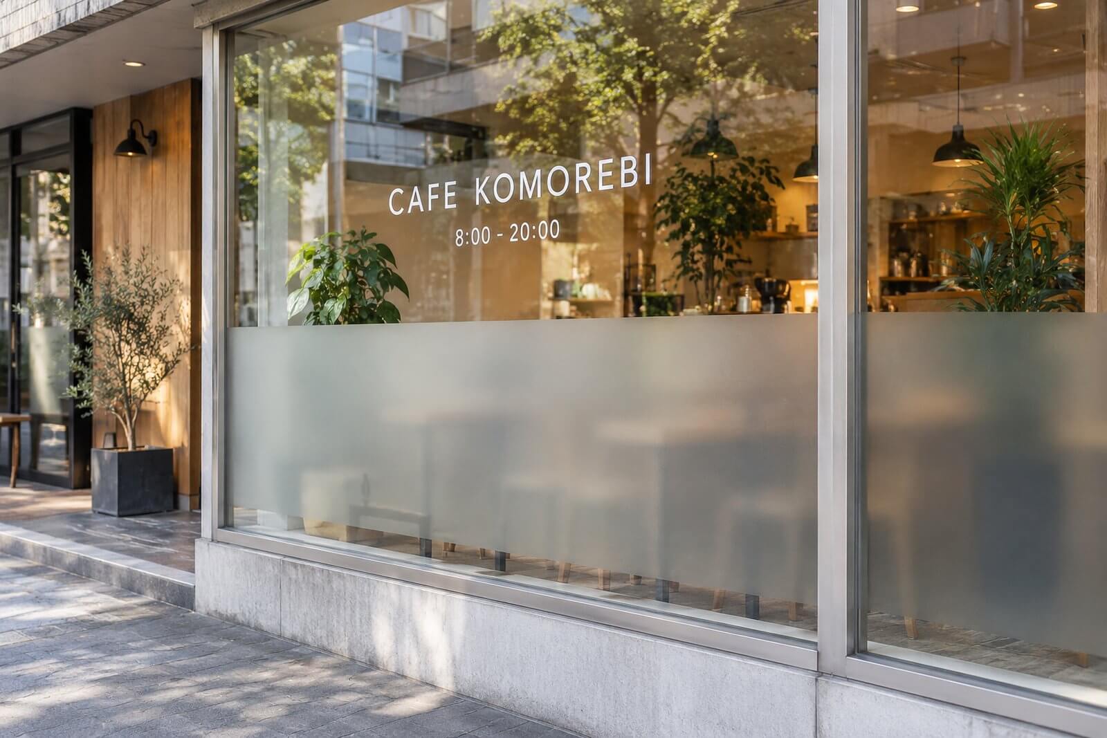 カフェの大きな窓に貼った店名のロゴと営業時間の白い文字ステッカーと、下部の帯状のくもりガラス