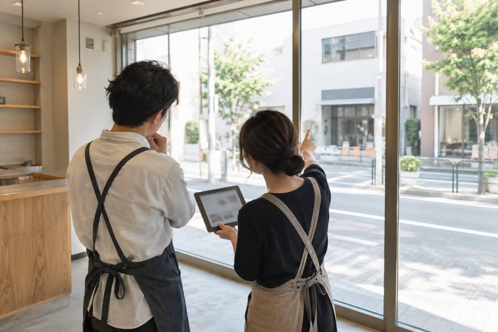 開業前の店舗の何も貼っていない大きなガラス面の前で、窓の使い方を相談する店舗オーナーとスタッフ